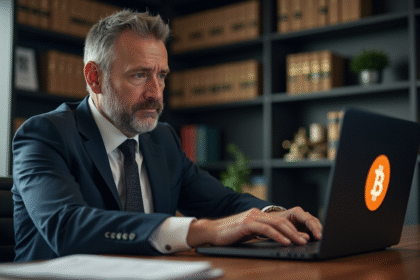 Homme d'affaires concentré sur un ordinateur avec logo Bitcoin