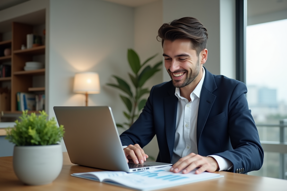 Jeune homme d'affaires souriant devant son ordinateur