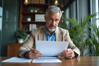 Homme d'affaires examine des documents financiers dans un bureau moderne