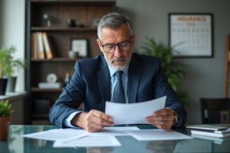 Homme d'affaires en costume bleu examine des papiers