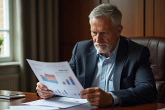 Homme d'affaires étudiant un rapport financier dans un bureau moderne