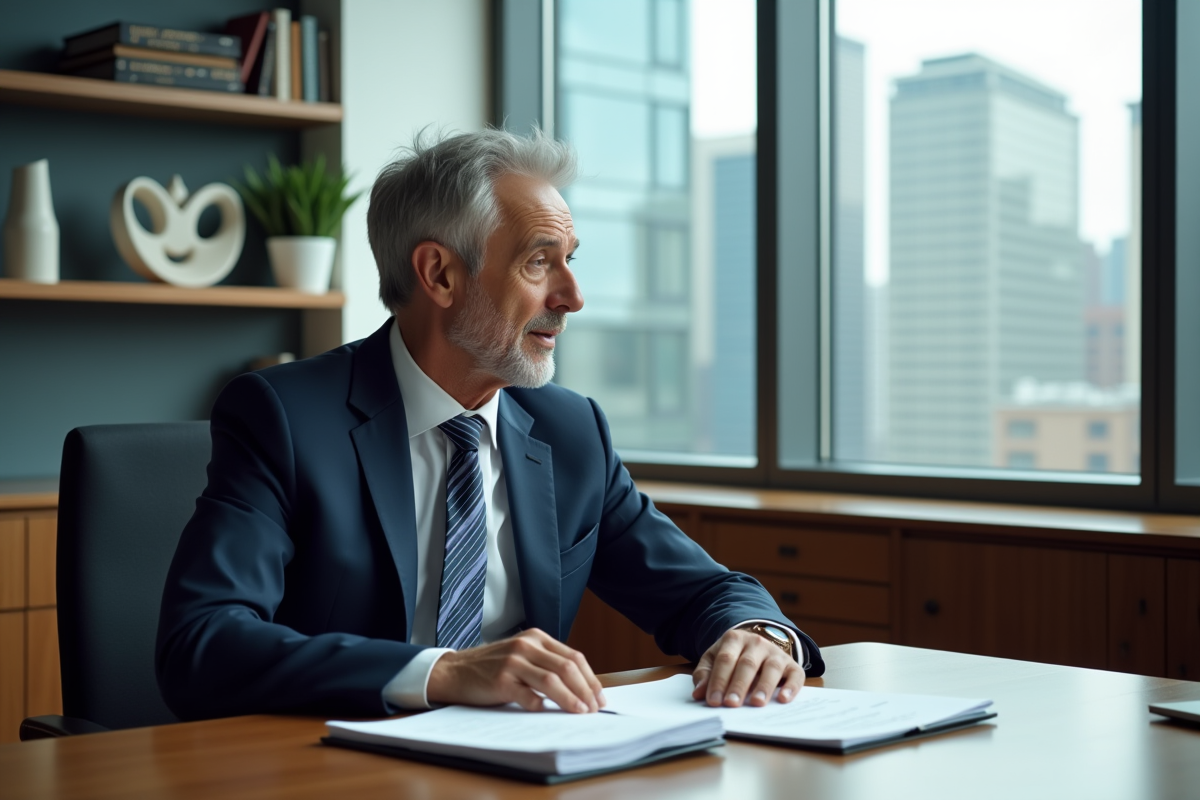 Homme d'affaires en costume navy dans un bureau moderne