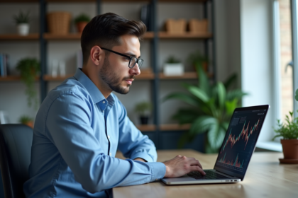Homme en bureau analysant graphique crypto