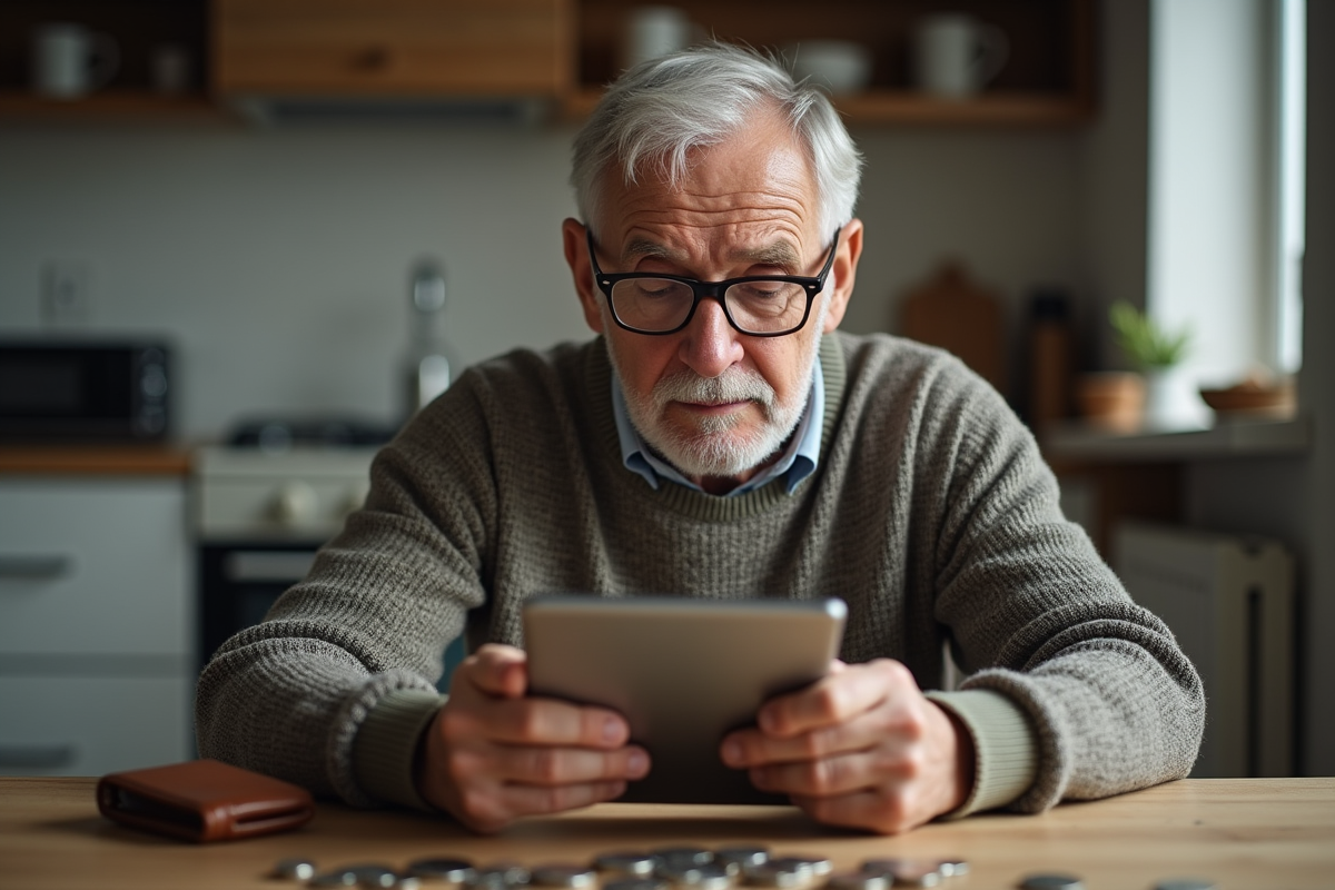 Homme âgé utilisant une application bancaire sur sa tablette à la maison