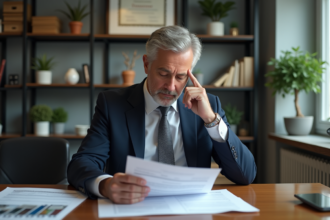 Homme d'âge moyen examinant un document d'assurance complexe