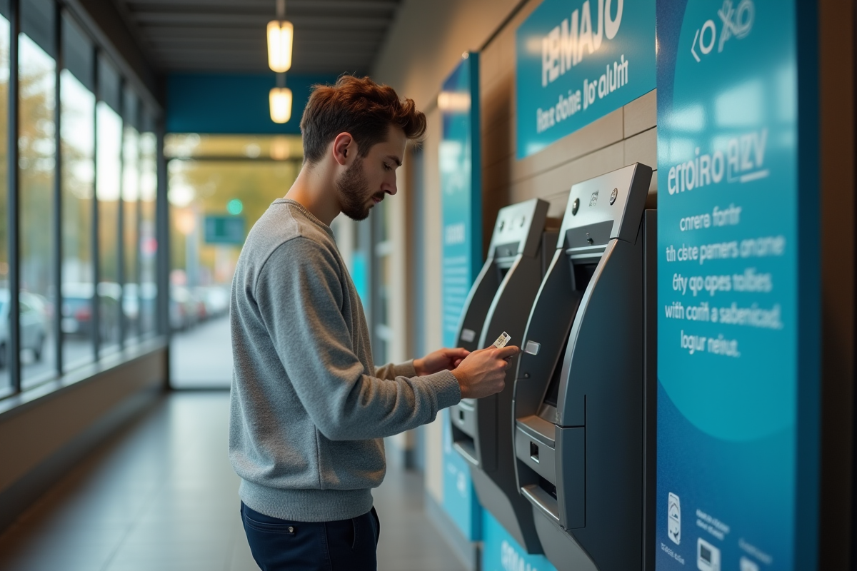Jeune homme utilisant un distributeur de billets avec une carte prépayée