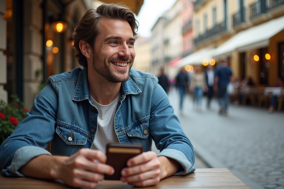 Homme détendu souriant avec carte dans un café urbain