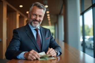 Homme d affaires comptant des euros à la banque