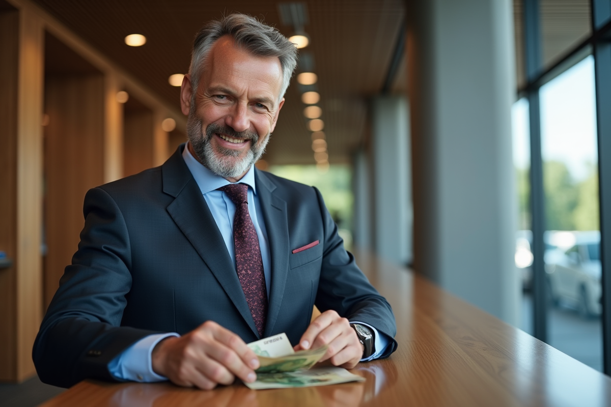 Homme d affaires comptant des euros à la banque