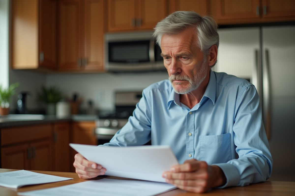 Homme d'âge moyen examinant un contrat d'assurance à la maison