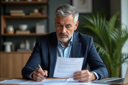 Homme d'âge moyen en costume bleu tenant un contrat hypothécaire