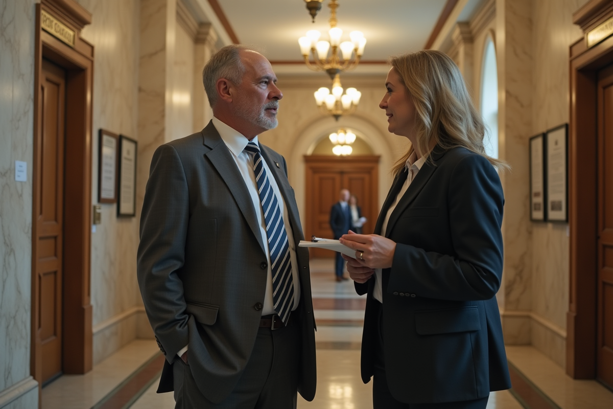 Homme en costume discutant avec une femme dans un hall officiel