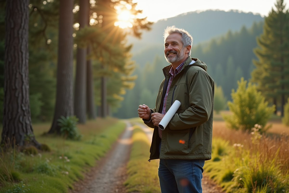 Homme d'âge moyen souriant avec document forêt