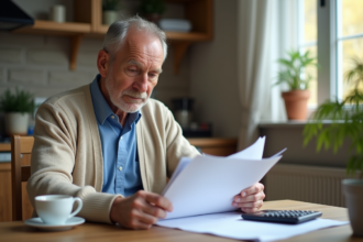Homme retraité français examinant des papiers de pension