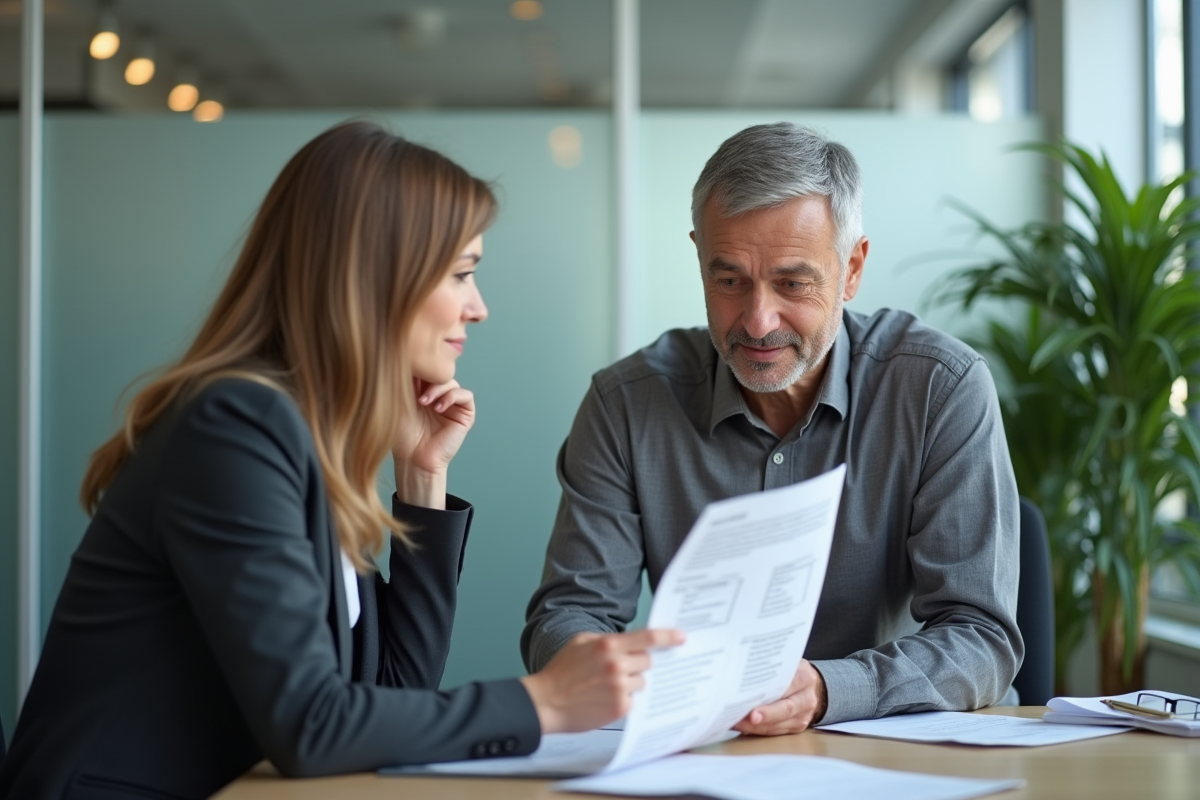 Homme en réunion avec une conseillère bancaire dans un bureau moderne
