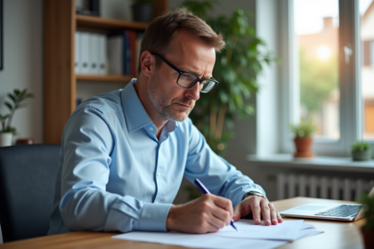 Homme d'âge moyen travaillant à son bureau à domicile