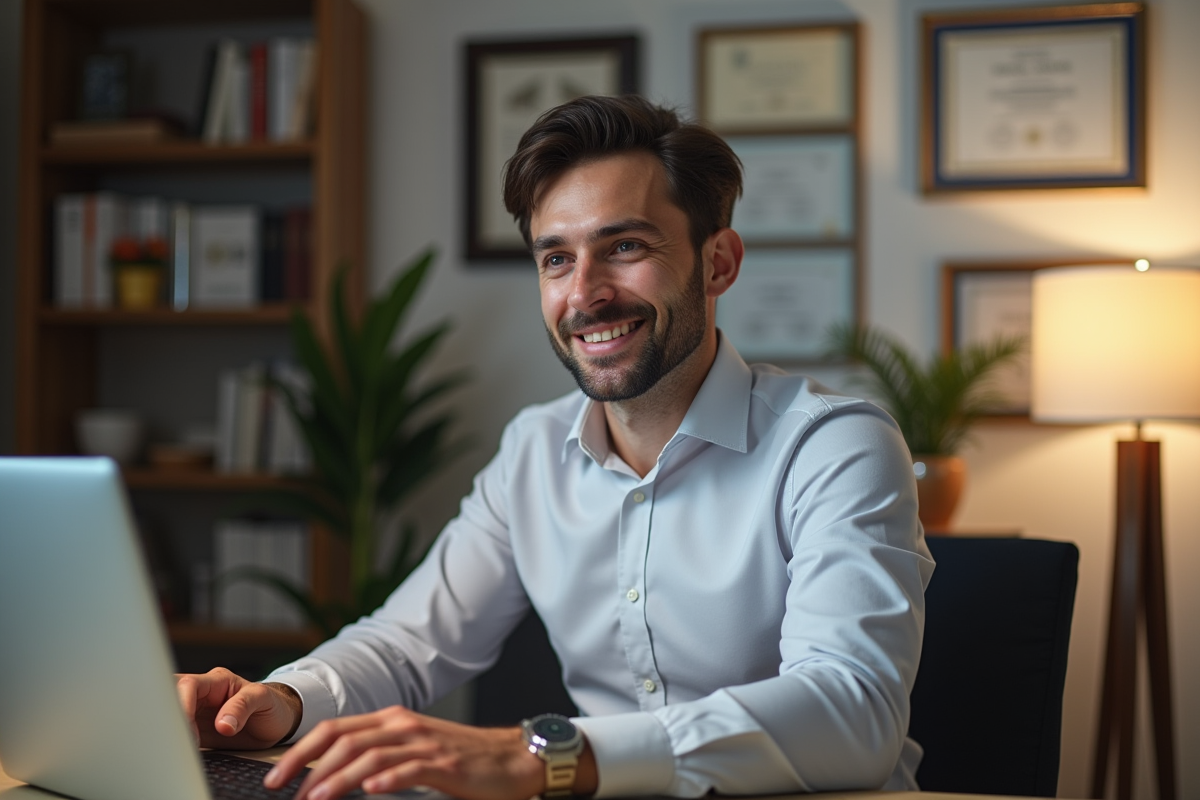Homme confiant travaillant sur son ordinateur dans un bureau moderne