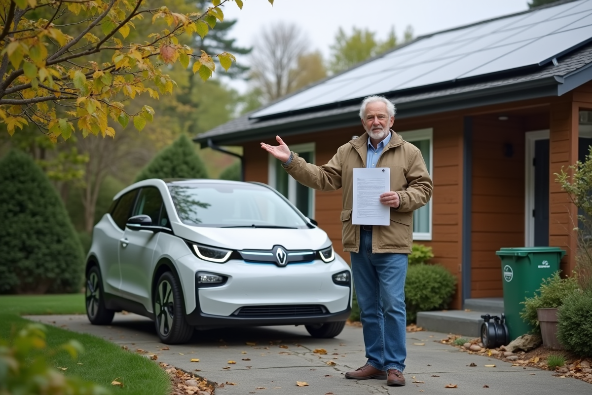 Homme âgé près d une voiture électrique et panneaux solaires