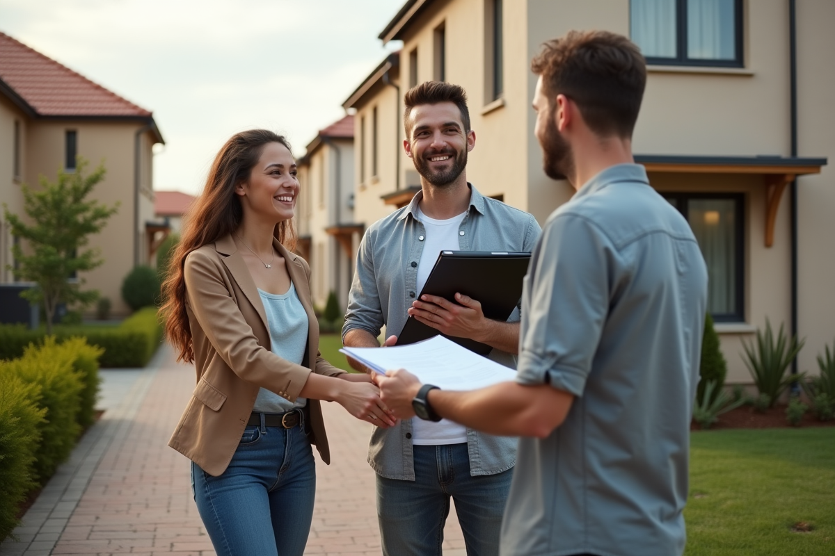 Jeune couple signant un contrat hypothécaire devant une maison