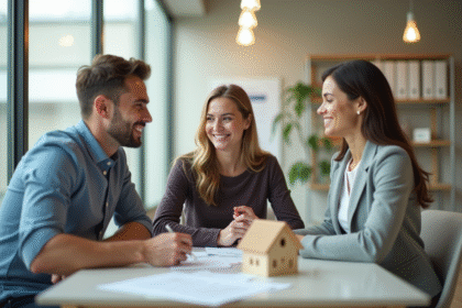Jeune couple signant un prêt immobilier avec un banquier