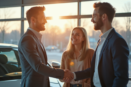 Jeune couple souriant signant un contrat auto avec un vendeur