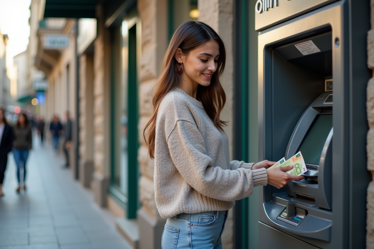 Jeune femme insérant des euros dans un ATM en extérieur