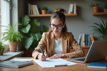 Jeune femme remplissant une demande de prêt étudiant à son bureau