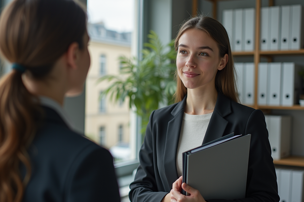 Jeune femme discutant dans un open space moderne