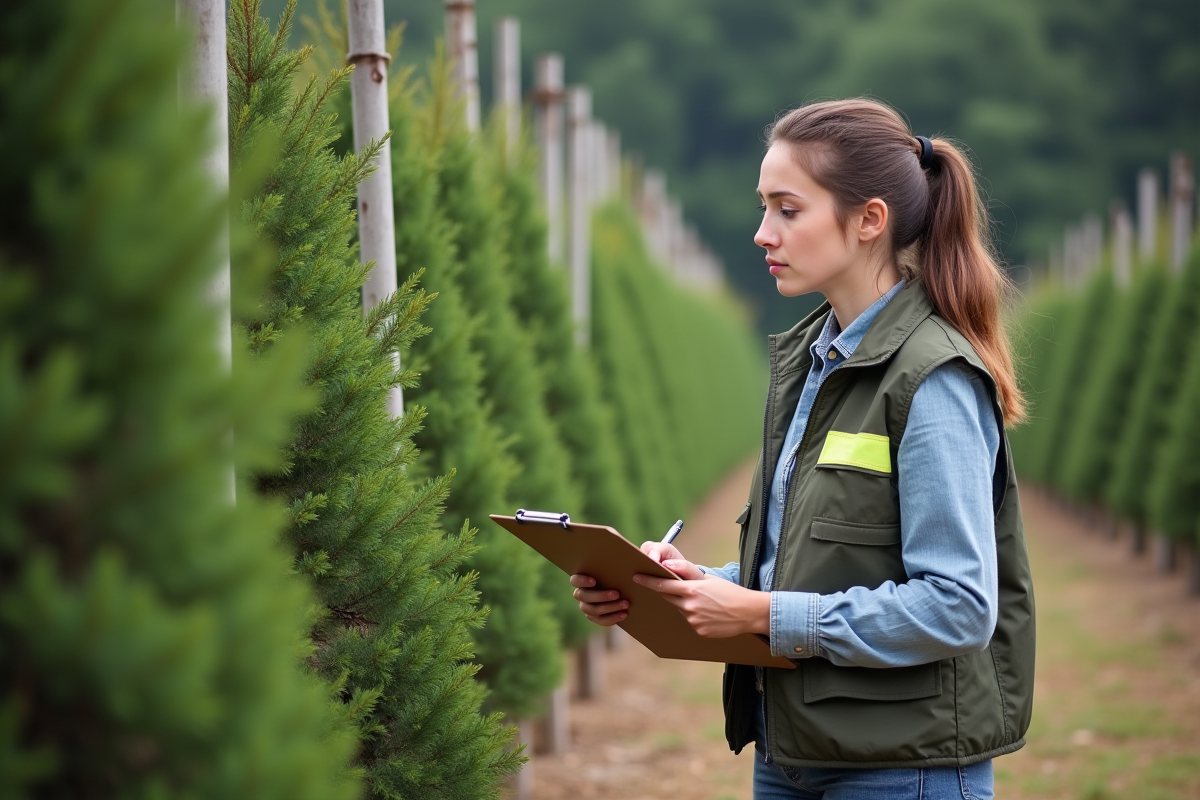 Jeune femme observant un arbre dans plantation
