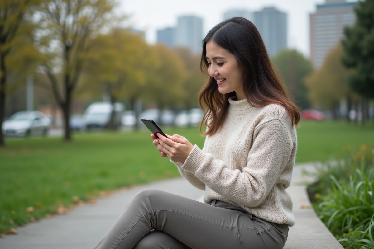 Jeune femme souriante vérifiant ses investissements en plein air