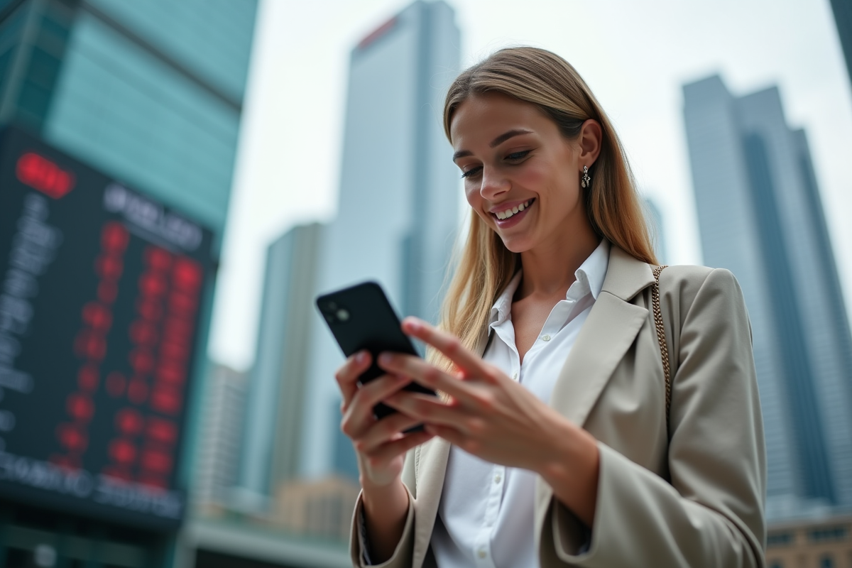 Jeune femme vérifie ses actions avec son smartphone en ville