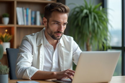 Jeune homme en bureau étudiant des graphiques crypto