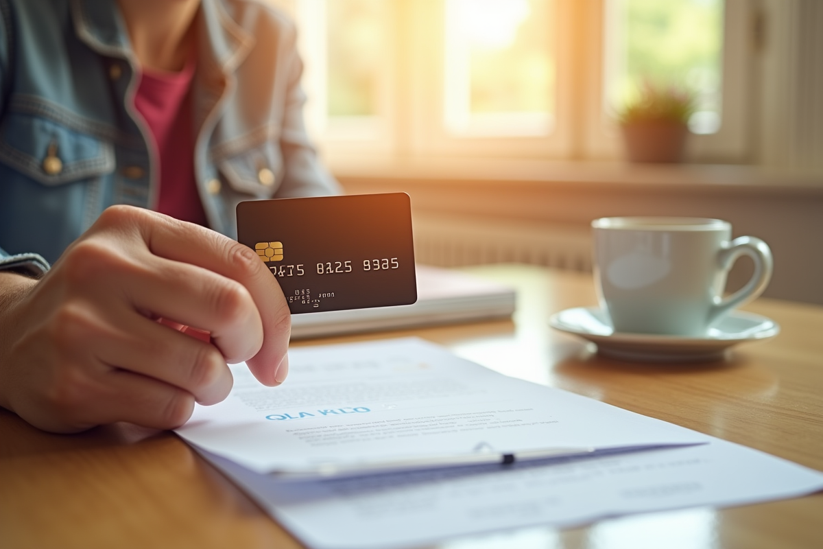 Main tenant une nouvelle carte bancaire sur un bureau ensoleille