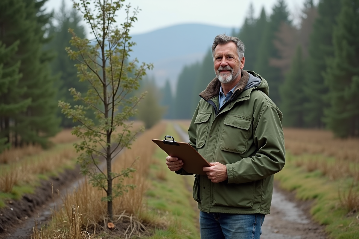 Ouvrier forestier souriant près d