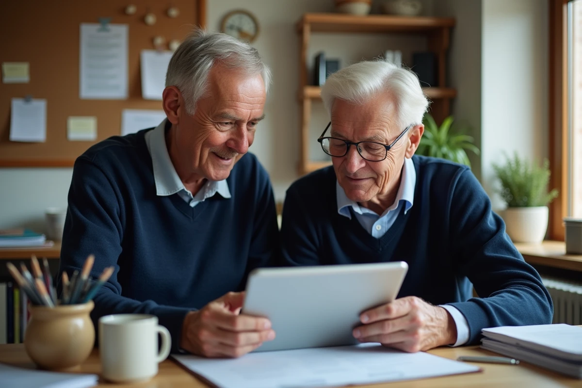 Père et fille discutant de documents de pension à leur bureau