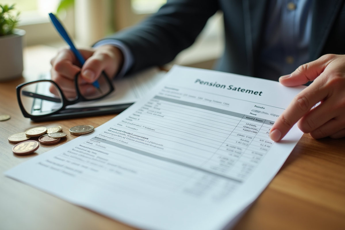Premier plan d un document de pension avec pièces et lunettes