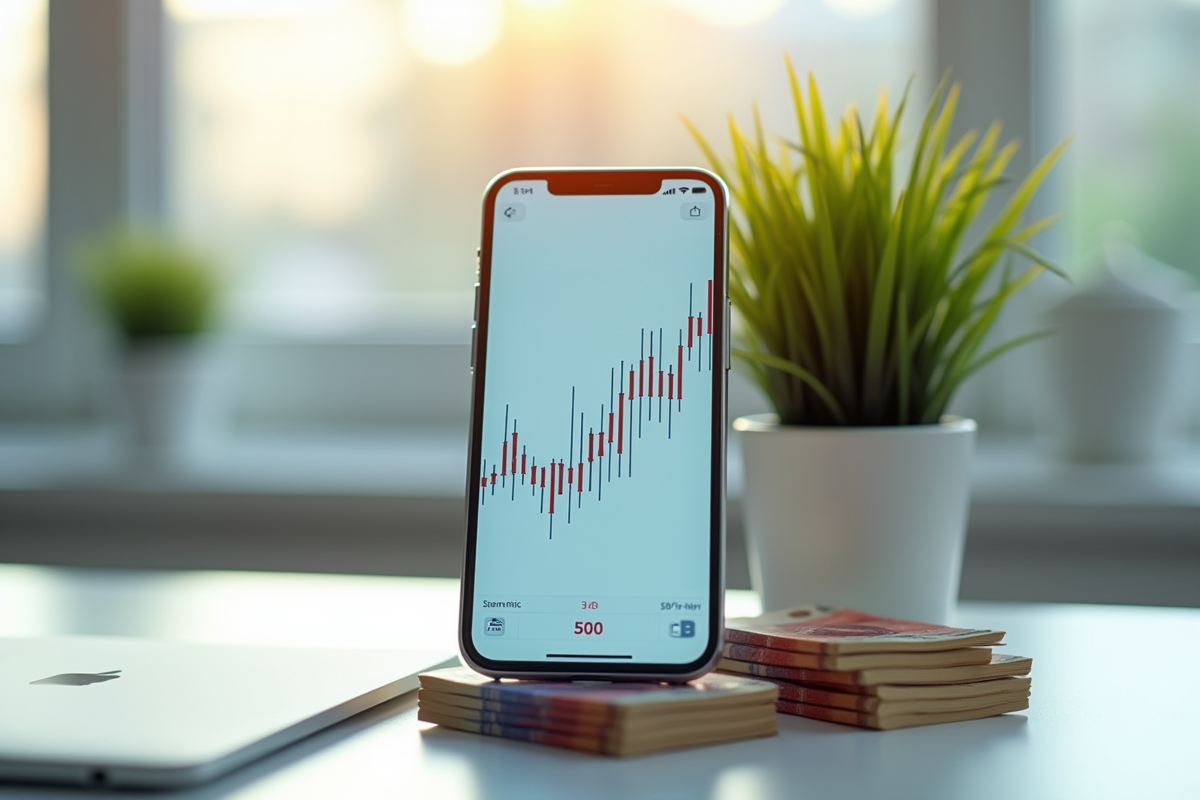 Smartphone affichant un graphique de croissance avec des billets de 500 euros
