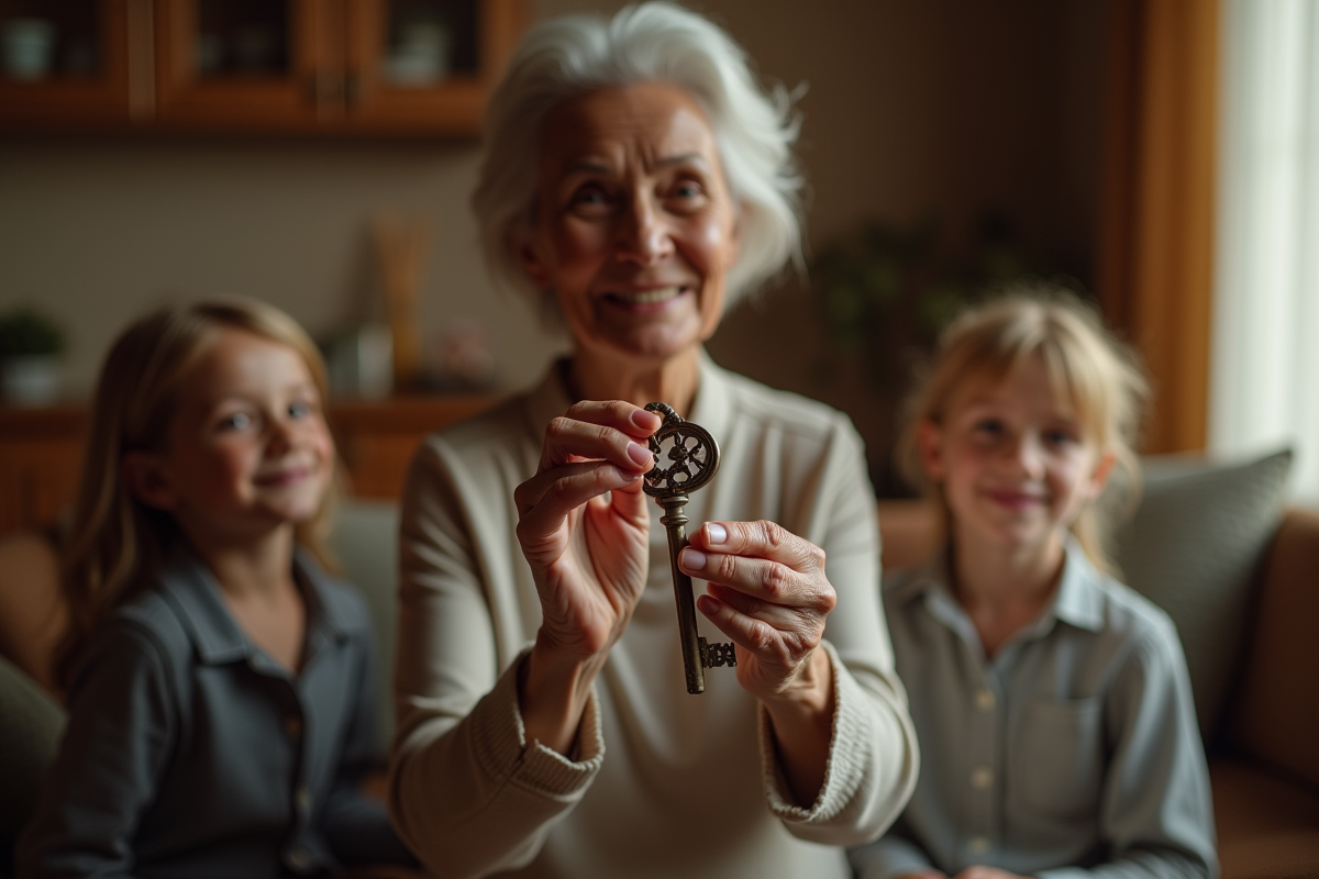 Femme âgée tenant une clé vintage entourée de la famille